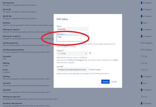 Jira Admin, go to the usual Admin panel to configure the Statuses and edit some Status, in the "description" add a color-name in lowercase between parentheses, that's all!