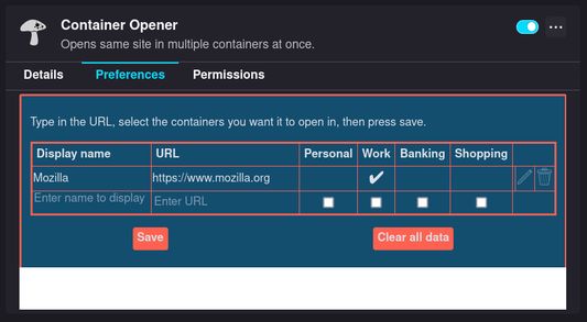 Add sites in the preferences and select which containers to use.