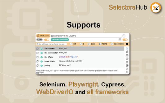 SelectorsHub supports all automation framework and libraries like Selenium, Playwright, Cypress and WebDriverIO etc.