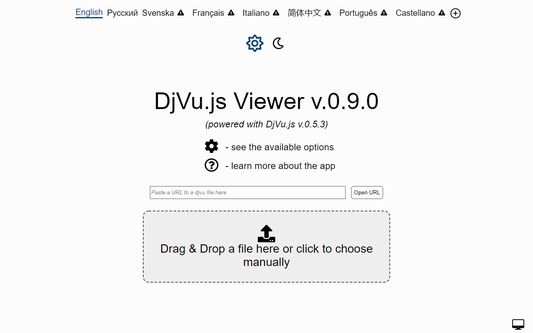 DjVu.js Viewer's initial screen. You can open files from a local disk.