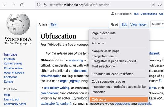 Wikipedia page with the context menu opened. The "Obfuscate" entry is highlighted.