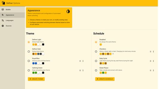 Configure appearance: choose one of the predefined themes or create your own. Change themes automatically with time using schedules.