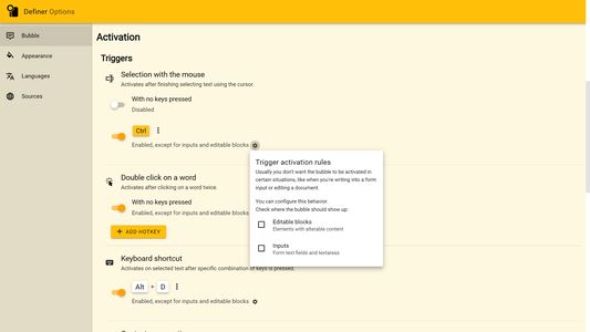 Configure triggers for bubble activation.