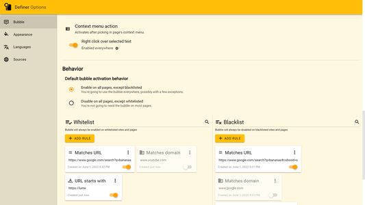 Create complex URL rules to fine-tune bubble activation behavior.