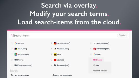 Trufflepiggy - Quick Search Select and search via overlay. Modify your searches on the fly and even load directly search-items from your Trufflepiggy-Cloud. Fully useable with mouse