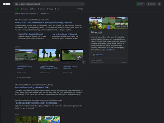 Ecosia's search results with the darkmode