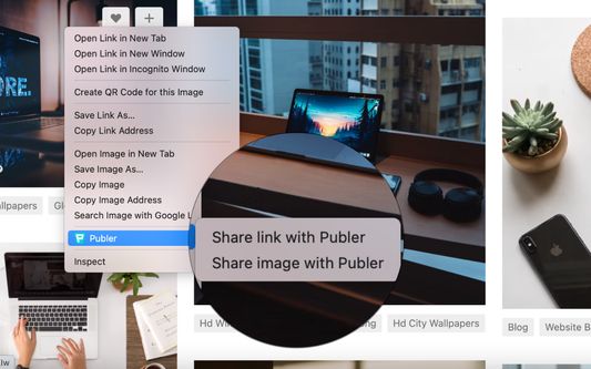 To share a webpage or a link, simply right click on it and select "Share link with Publer". To share an image, simply right click on the image and select "Share image with Publer".