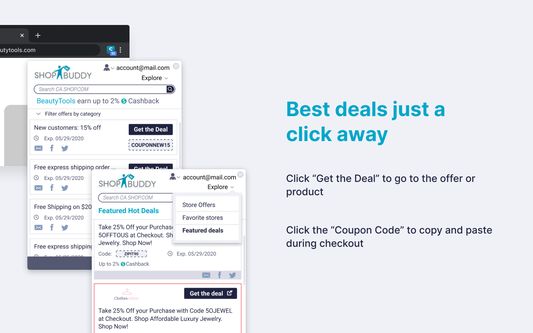 Scroll through the available deals and coupons.  Click the coupon code to copy it or click a share icon to share the deal and coupon code with friends.