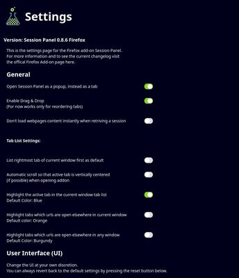 Settings page