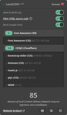 Dark mode: Successfully intercepted requests (LocalCDN: enabled. HTML filter: enabled. Block Google Fonts: enabled)