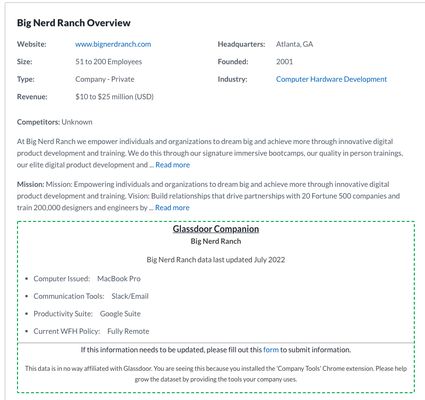 On a company's overview page/URL in Glassdoor, you'll see the Glassdoor Companion 'dashboard' with added information about that company including productivity suite, communication tools, and current WFH policy.