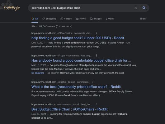 Screenshot of example results for "Best budget office chair"