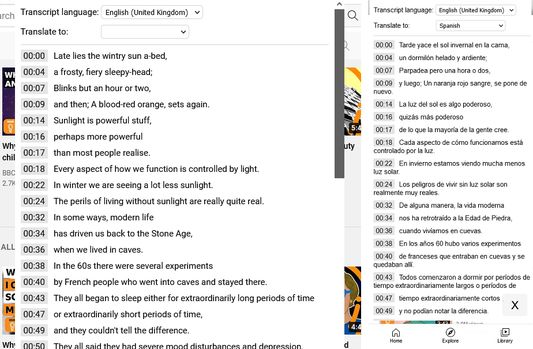 You can click the timestamps to open the video directly in the part you are interested in. You also have the option of choosing a language to which the transcript should be translated, and in the extension's settings you can set a preferred language which the transcript should always be in. On the left, desktop layout; on the right, mobile layout.