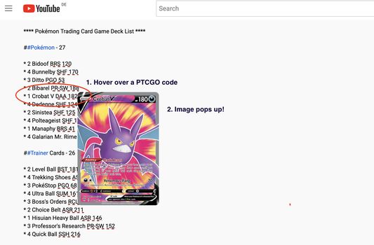 Hover over a PTCGO code to see the actual card image