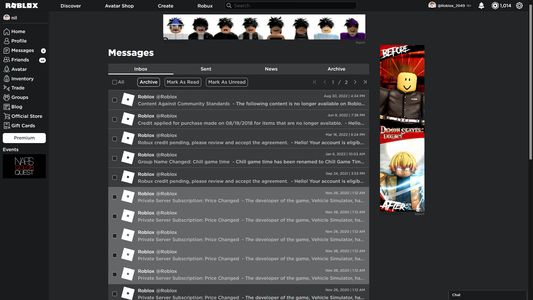 Messages page with Roblox logo on light mode with the extension enabled