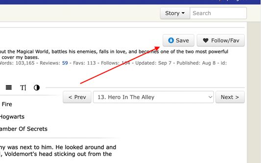 FicLab save button on fanfiction.net story page.