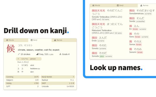 Provides separate kanji and name dictionaries.
