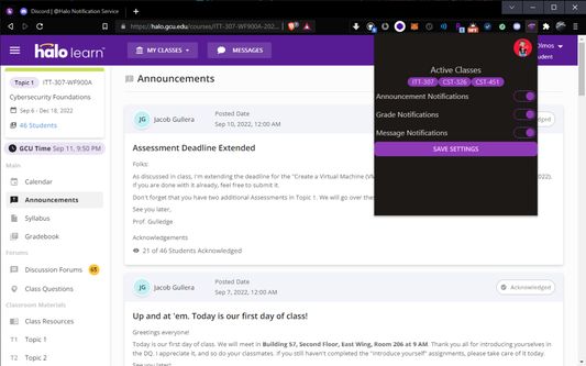 Announcement posted on halo.gcu.edu by professor