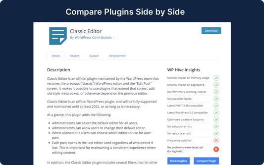 Compare two separate WordPress plugins side by side using WP Hive