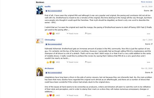 Score at the top right of each review