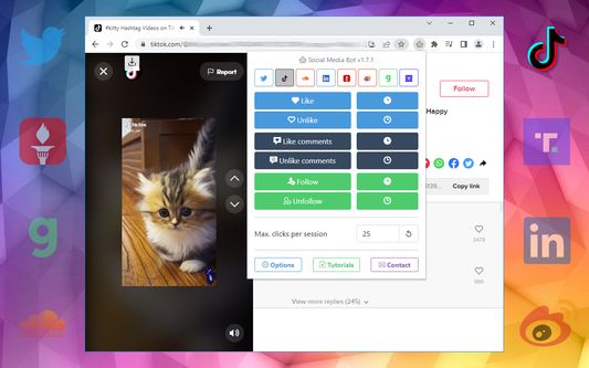 Social Media Bot supports TikTok, you can automatically leave likes on your wall, for the selected hashtags, you can follow users based on the hashtags.
