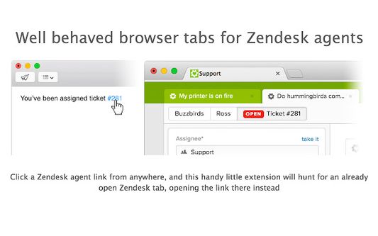 Click a Zendesk agent link from anywhere, and this little extension will hunt for an already open Zendesk tab, opening the link there instead.