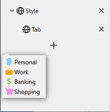 Long-press on the new tab button shows the container chooser