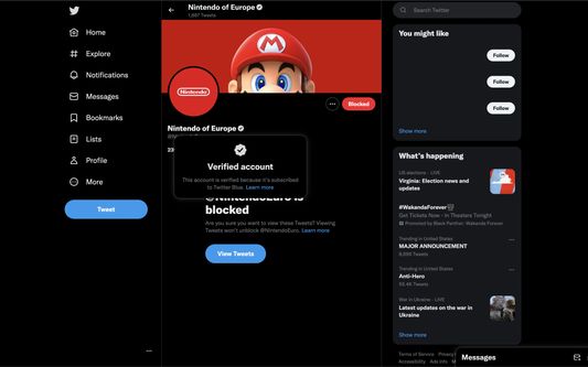 nintendo parody account auto-blocked for purchasing Twitter Blue