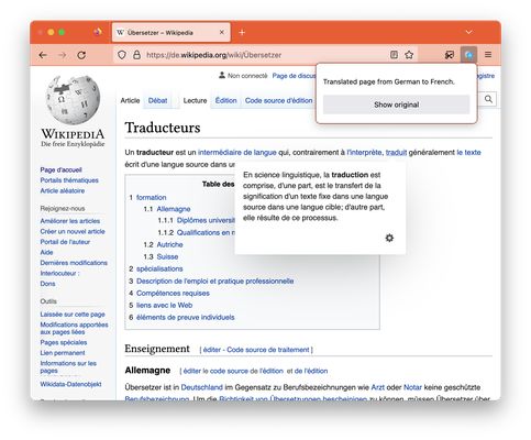 German wikipedia translated to French. If the page changes, e.g. a pop-up is shown, it will also be automatically translated.