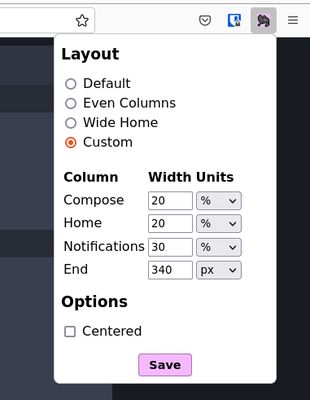 Screenshot of add-on popup settings showing Default, Even Columns, Wide Home, or Custom, with Custom selected showing a table allowing width in percent or pixels for each section.