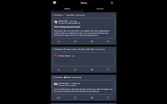 Post.news feed page with dark mode