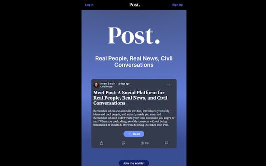 Post.news landing page with dark mode
