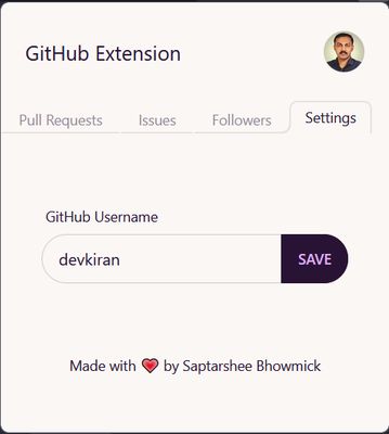 Settings Page: Provide a GitHub Username to configure.