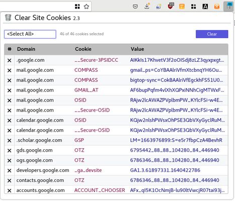 Display all the cookies of the current site, default to selecting all cookies for deletion.
