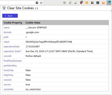 Clicking on the cookie value displays the detail cookie information.