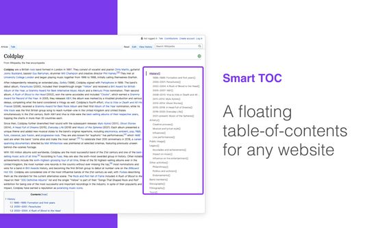 Smart TOC - A floating table-of-contents for any website

Image: Smart TOC panel on Wikipedia.com