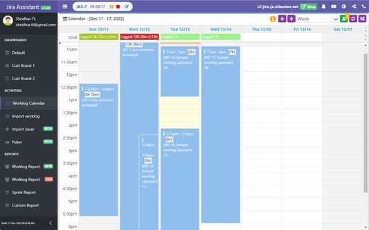 Worklog calendar week view lets you to add or edit worklog and view it on weekly basis