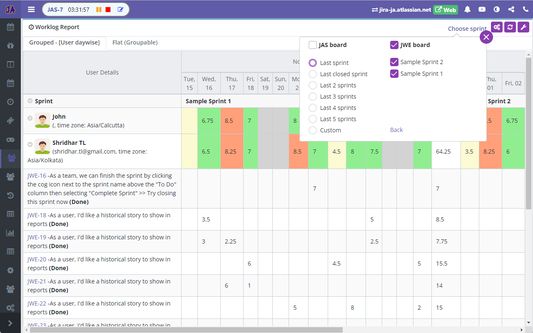 Worklog Report - Sprints wise generates report for one or more sprints from one or more Agile boards