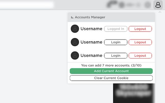 The open dropdown UI in the top right for selecting accounts. There are 3 placeholder accounts with "Login" and "Logout" buttons for each.

The user is able to make 7 more accounts before hitting the limit of 10.
