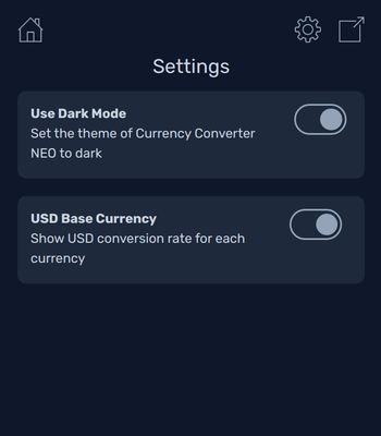 Options for Currency Converter NEO. Select the theme and define if you would like to see the USD conversion on each currency as indicator.