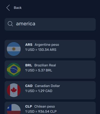 Search and select in over 100 currencies. You can search by regions or keywords as well, like "africa", "europe" or "crypto".