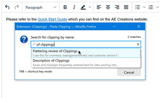 Paste a clipping by typing its name and selecting it from an autocomplete menu.