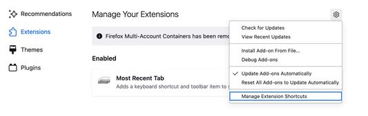 Preferred way to set a keyboard shortcut: in the Add-ons Manager click the gear, then Manage Extension Shortcuts. Click the box for Most Recent Tab and press your desired shortcut. Done!