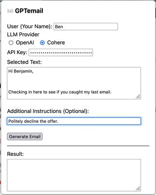 GPTemail popup. After entering my name and authentication for the large language model provider, I capture the text of the email I want to reply to, and provide instructions to generate a reply.