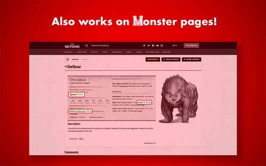 White text on red background writing "Also works on monster pages". Below is a screenshot of a the Owlbear monster page on DnD Beyond. Parts of the webpage are highlighted to show that units that were previously in imperial units are now in metric units.