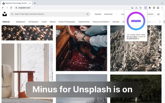 What the Unsplash site looks like when Minus for Unsplash is on