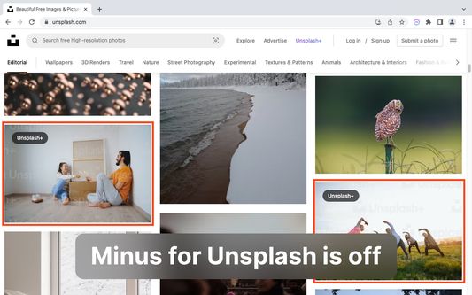 What the Unsplash site looks like when Minus for Unsplash is off