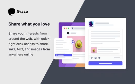 Share what you love, Share your interests from around the web, with quick right click access to share links, text, and images from anywhere online