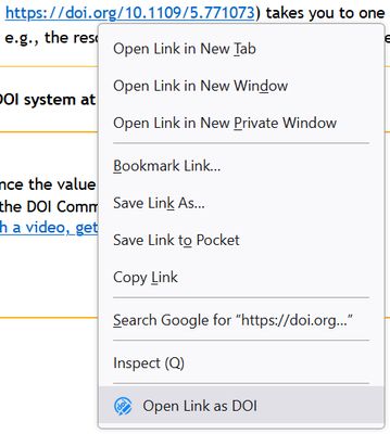If the automatic redirection does not work, the option "Open Link as DOI" is available in the right click menu.