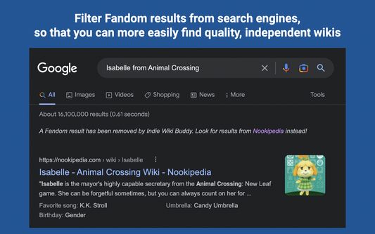 Filter Fandom results from search engines, so that you can more easily find quality, independent wikis